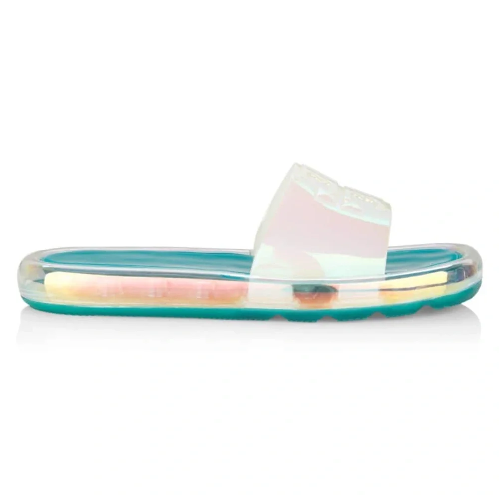 Tory Burch Iridescent White Strap Teal Footbed Slide Sandals